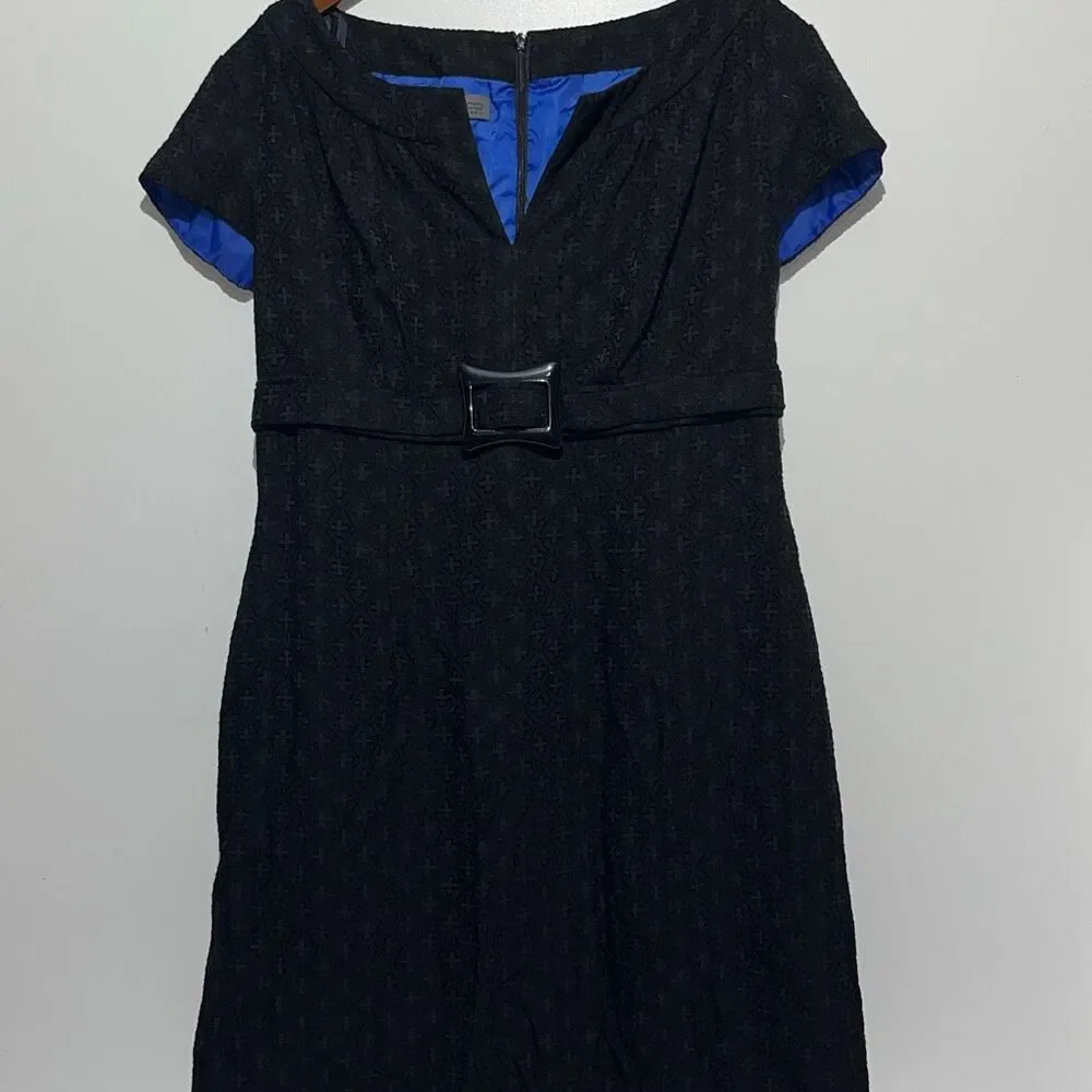 Donna Ricco Black Split Neck‎ Belted Short Sleeve Fit & Flare Dress Size 10